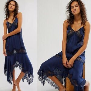 Free People Plunge Lace Maxi Slip Dress Midnight Navy Retro Y2K Fairy Small NWT